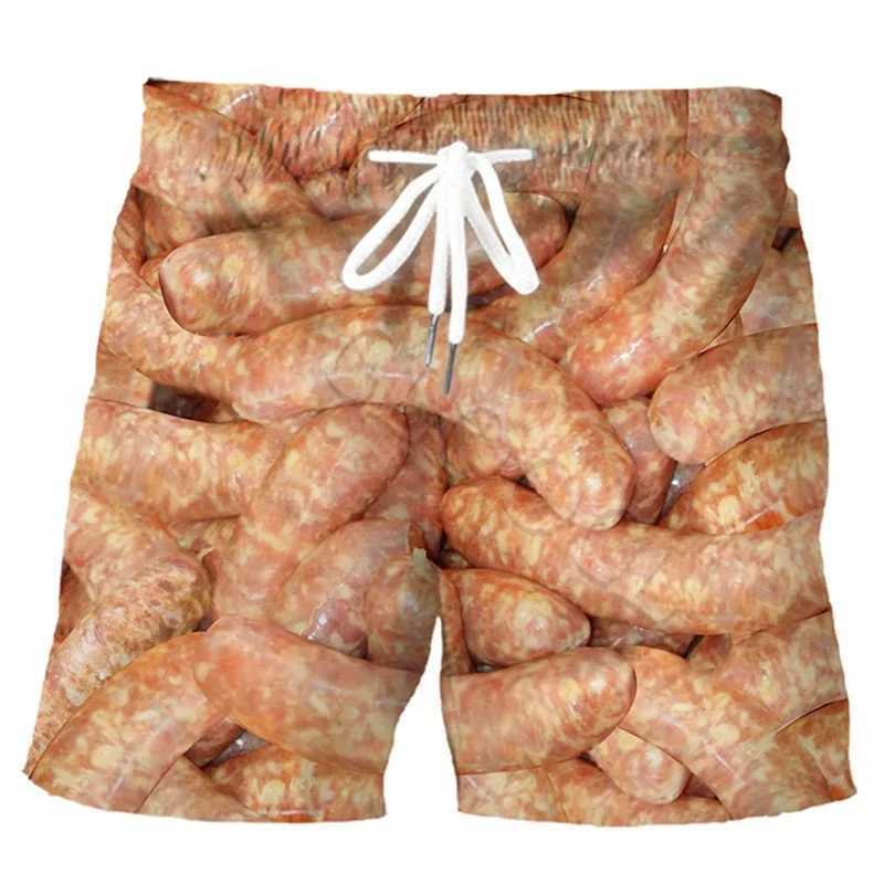 Sausage food graphic beach shorts mens shorts 3D cheese printing elastic waist board dry swimsuit homme 2023 ice shortsW240713