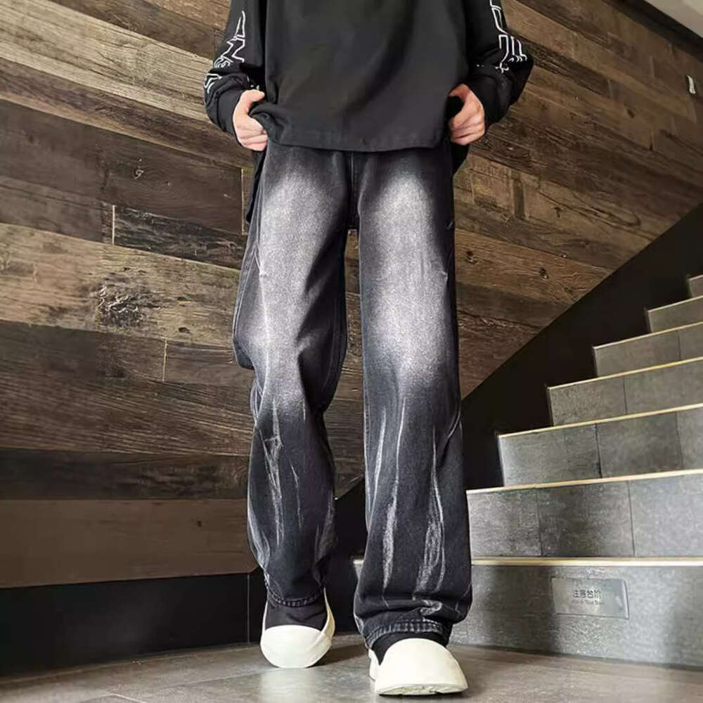 American High Street Hip-Hop Pants With Trendy Brand Design, Tie Dye Gradient Wide Leg Pants For Men, Loose Straight Leg Jeans Men's jeans