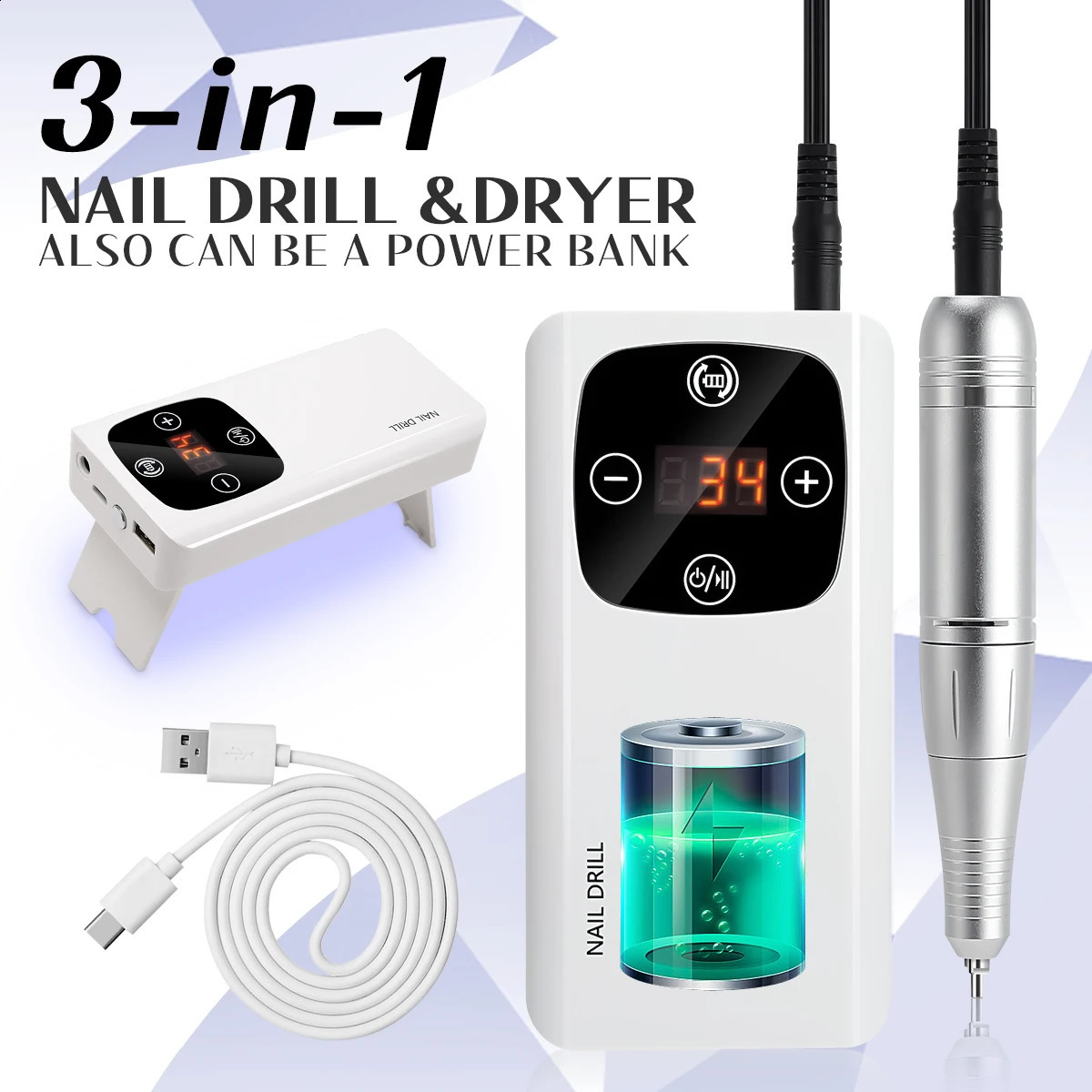 45000RPM Nail Drill Machine 3-in-1 Portable Nail Drill and Dryer Electric Professional Nail Lathe with UV LED Lamp Manicure Care 240927