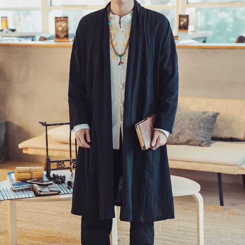 Mens loose retro cotton linen trench coat plus size casual long open collar kimono jacket mens Chinese style black windproof jacket 5XL W241007