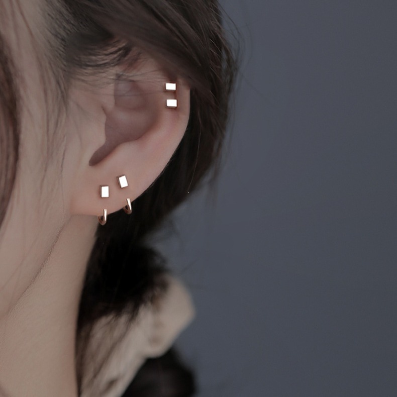 Sier needle women's hole, small square hook, ear bone ring earrings, simple and niche earrings