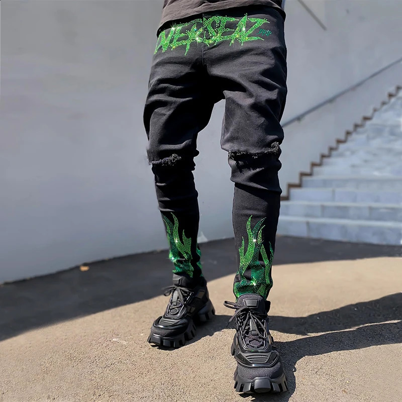 Mens ripped black diamond pencil jeans ultra-thin mens street punk denim pants 241008