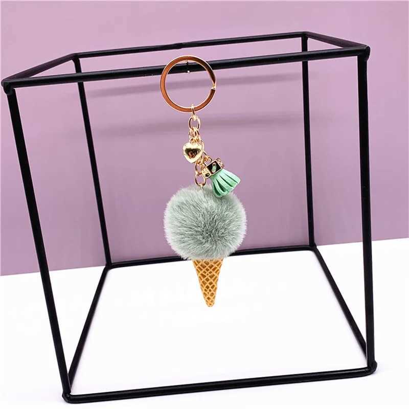 New Ice Cream Fluffy Ball Keychain Ring Pompon Pendant Keychain Cute Cartoon Keychain Cone Suspended Car GiftsX241008