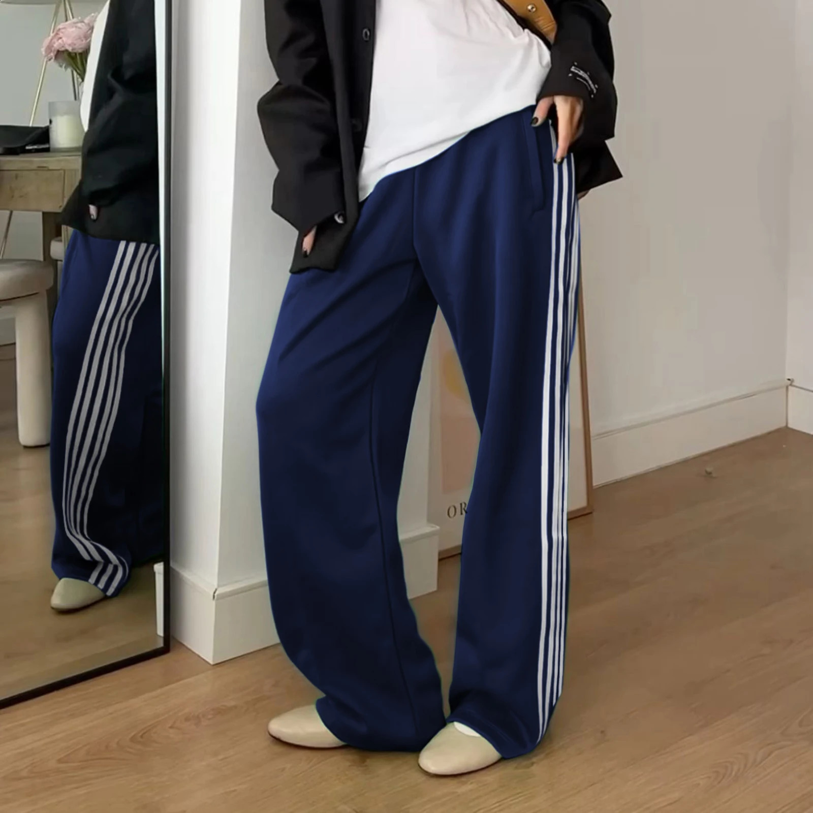 Women Y2k Wide Leg Track Pants Baggy Striped Joggers Sweatpants Elastic Waist Color Block Parachute with Pockets 241007