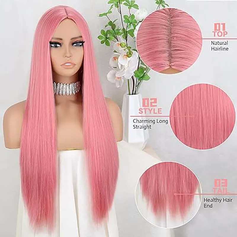 Synthetic Pink Wig for Women Long Pink Wig Straight Pink Wig Natural Looking for CosplayXJ241008
