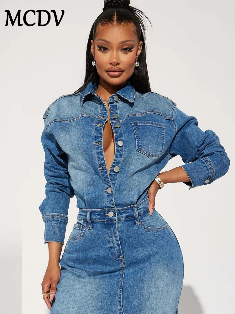 MCDV denim split style womens long skirt autumn sleeved single chest pocket dress with lapel office jeans 241007