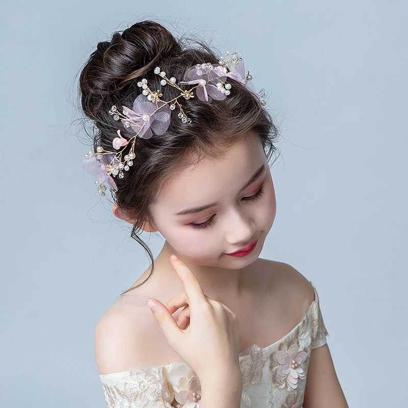 Bridal hair accessories wedding womens pearl hair fairy pink earrings girls head flower crown gold wire decoration women W241007