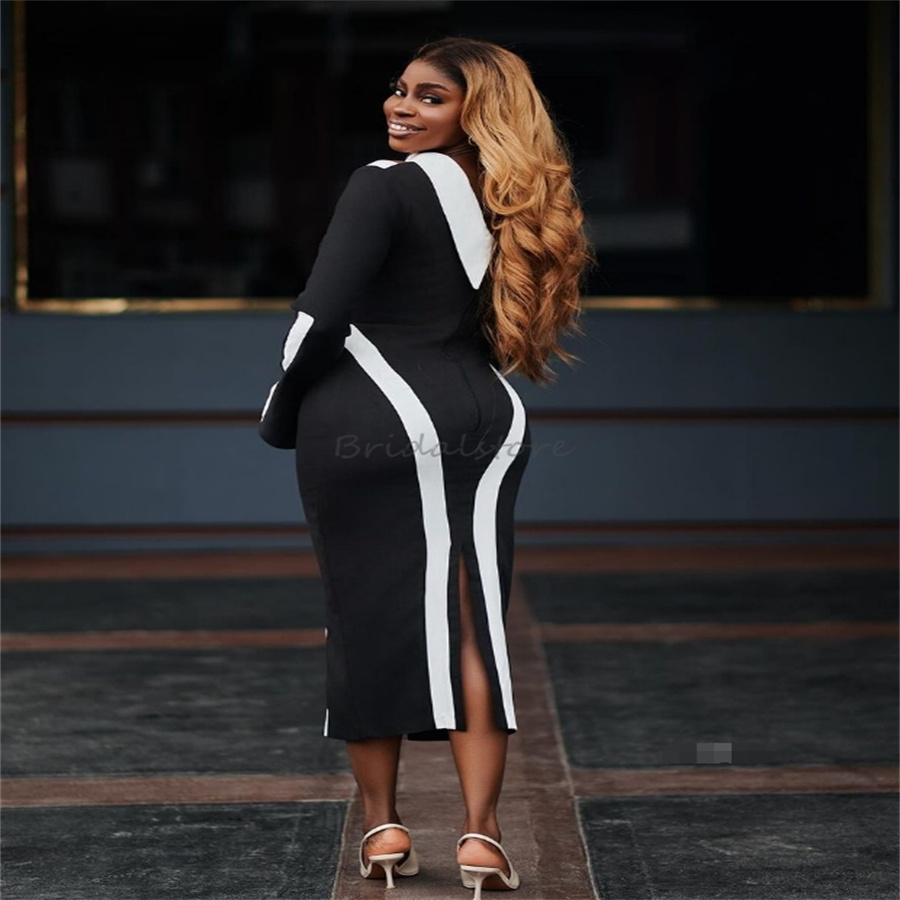 Elegant African Black Girls Evening Dress O neck Long Sleeve Satin Short Prom Dresses 2025 Chic Mermaid Cocktail Party Dress Black And White Formal Oc