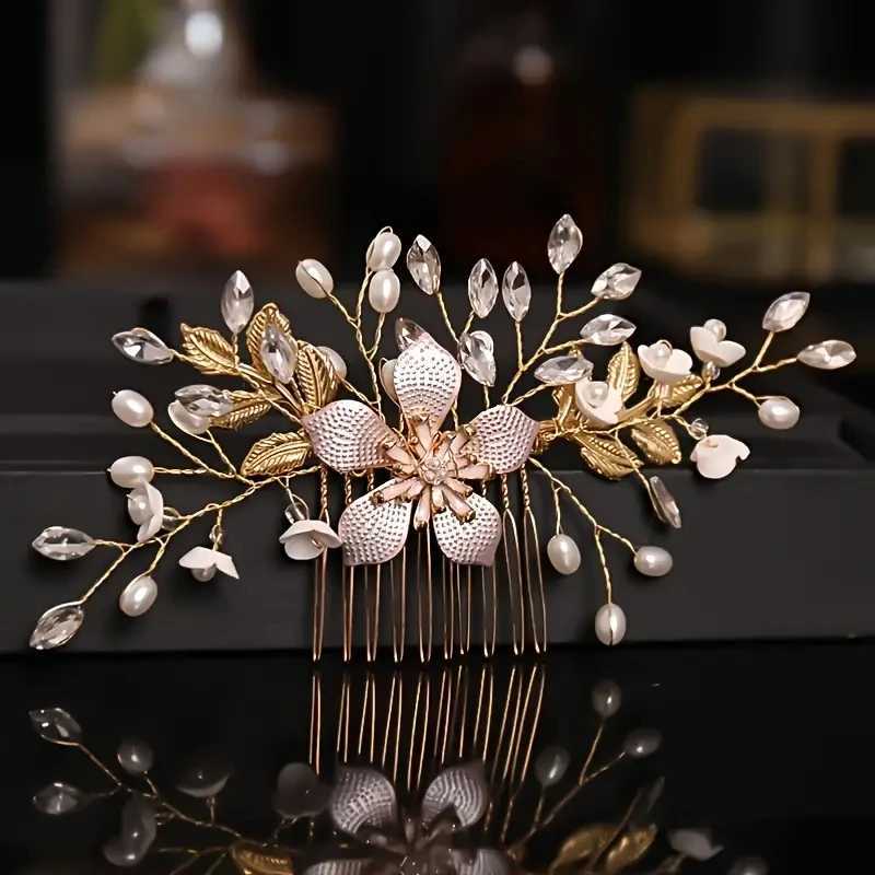 Wedding bride earrings comb pearl long hair vine hair accessories flower rhinestone handmade headpiece W241007