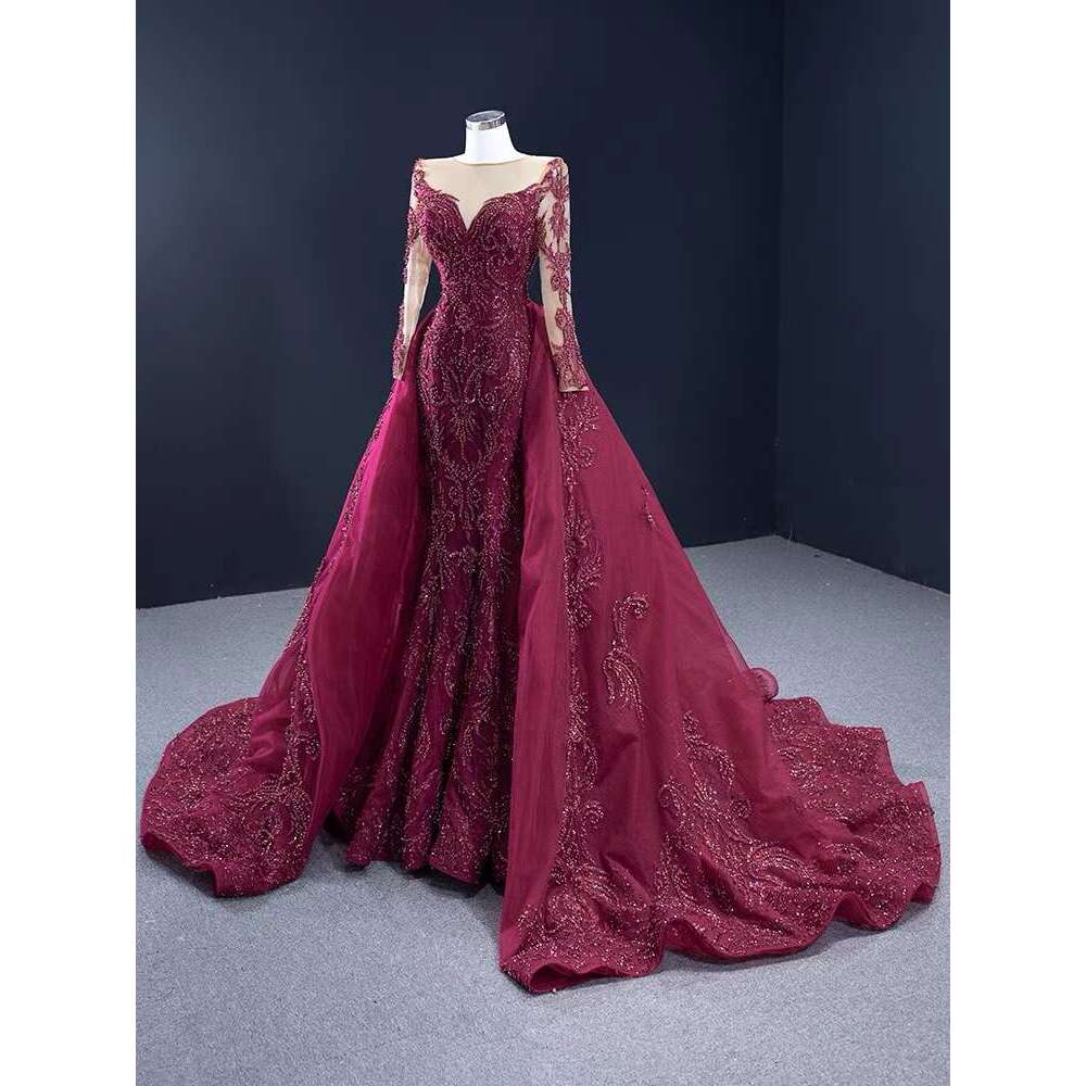 Red Birthday Party Banquet Ladies Long Sleeve Wedding Dress