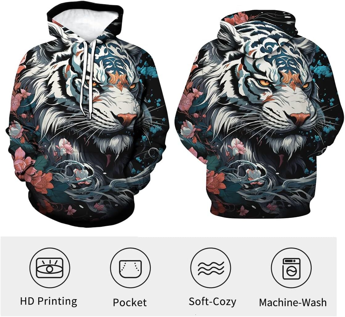 Hoodie for Mens Womens Retro White Tiger Hoodie Novelty Flower Casual Long Sleeved Pullover Hooded Top Graphic Hoodies sweatshirt Pullover Long Sleeve