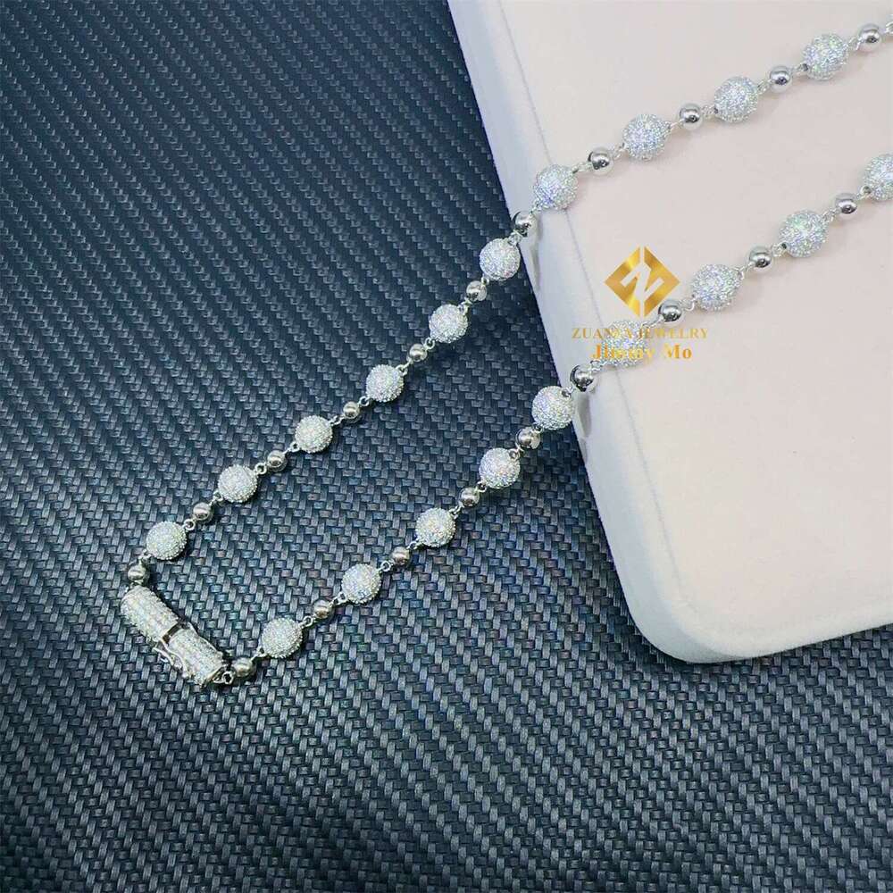 GRA 8Mm Iced Out Hip Hop Jewelry Sterg Sier White Gold Plated Vvs Moissanite Ball Bead Chain Cuban Necklace