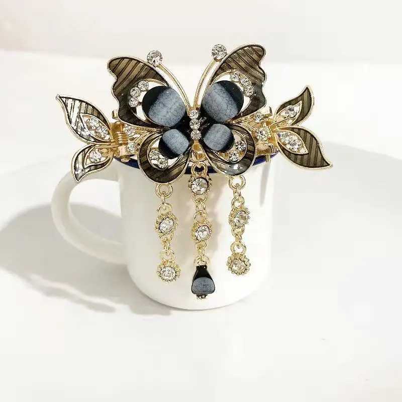 Fashionable and elegant zircon butterfly tassel womens hair clip retro ethnic style small crab clip wearing jewelry gift W241007