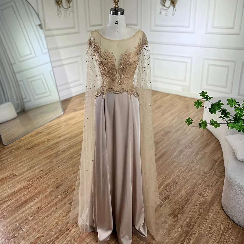 Serene Hill 2024 Cape Sleeves Satin A e Lace Beaded Dubai Evening Dresses Gowns For Formal Ocn LA72702