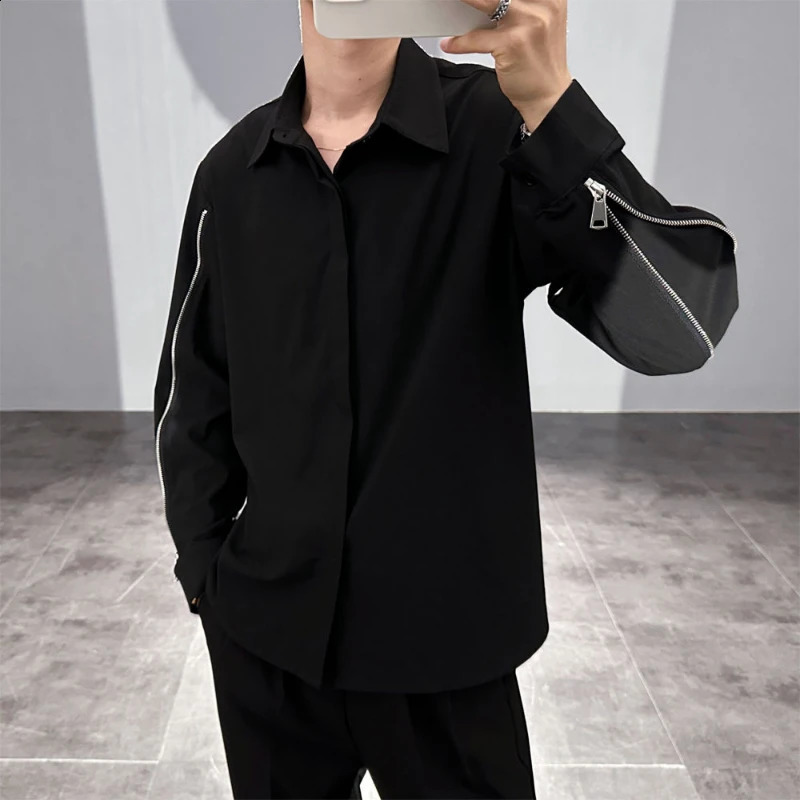 Spring and summer fashion collar long sleeved solid mens shirt Korean button zipper trend fully matched shirt 241007