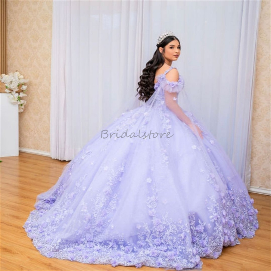 Lavender Lilac Charro Quinceanera Dresses With Cape 2025 Elegant Spaghetti Straps 3D Florals Vestidos De 15 Anos Princess Appliques Lace Sweet 16 Dres