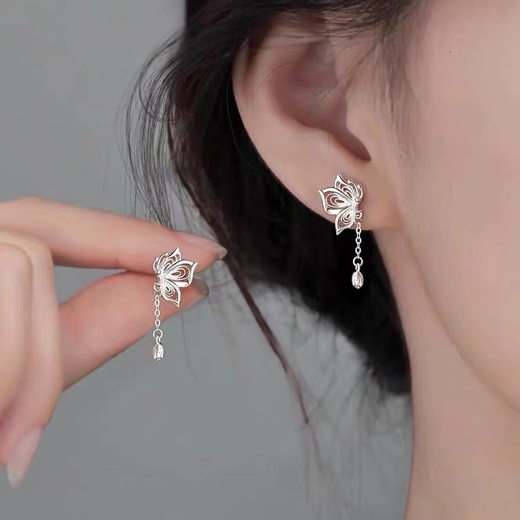 Sier needle small, fresh, sweet tassel, new butterfly earrings, ear bone studs, no need to remove when sleeping