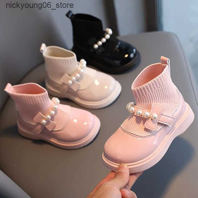 Boots Fashion Pearl Knit Splicing Girls Ankle Boots Soft Bottom Kids Casual Shoes Princess Slip-on Children Boots Baby Sports Sneakers L240910