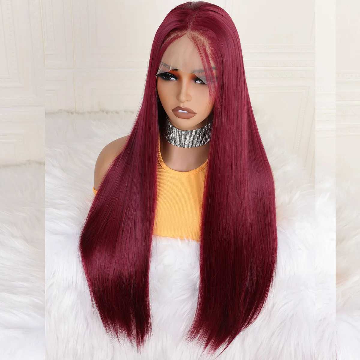 Soft Preplucked Dark Wine Red 26Inch 180Density Straight Lace Front Wig Synthetic 99J Burgundy Baby Hair Glueless Daily Wear WigXJ241008