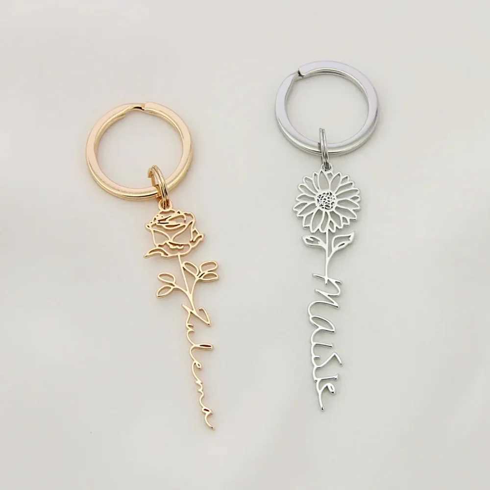 Custom Name Birth Flower Keychain Dainty Personalized Stainless Steel Keyring Fashion Jewelry Christmas Birthday GiftX241008