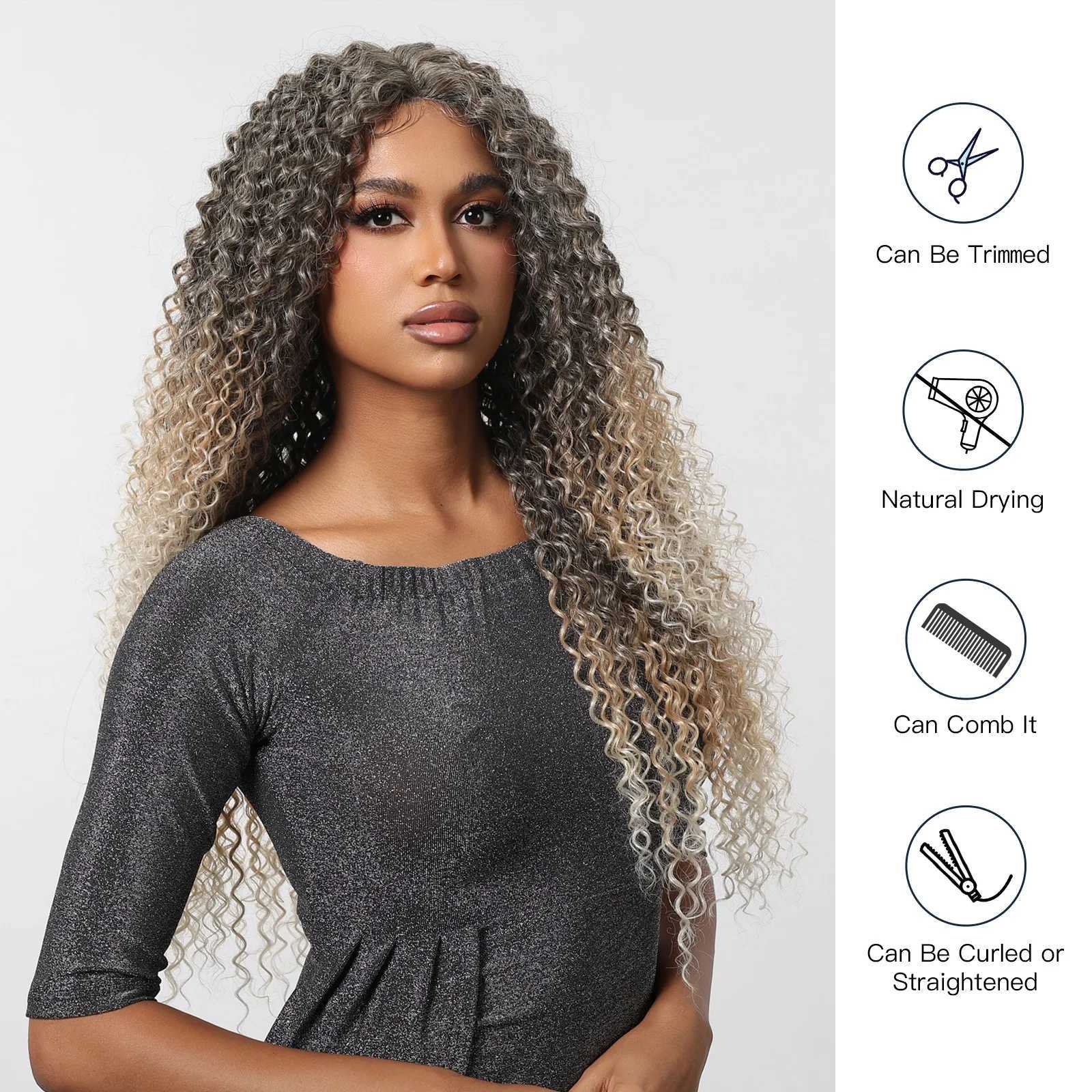 Long Kinky Curly Afro Lace Frontal Synthetic Wigs Gray Blonde Platinum Wigs Deep Curl Wigs for Black Women Brazilian T Part LaceXJ241008