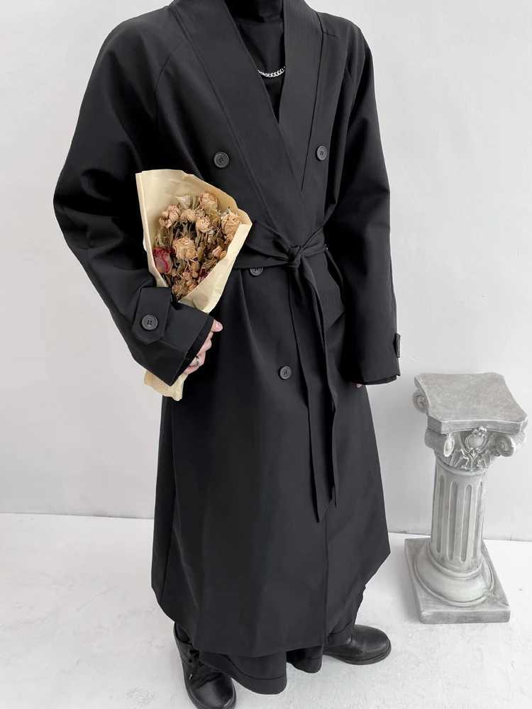 Mens fashionable loose knee coat autumn personalized large collar mid length double chest lace windproof machine W241007