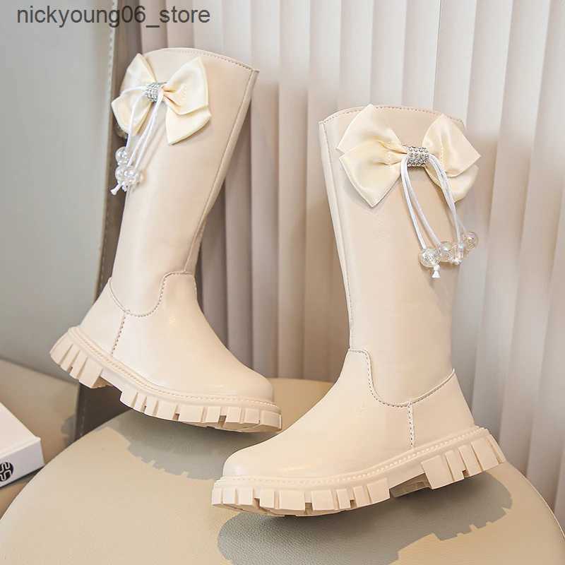 Boots Childrens Autumn Boots Solid Color Girls High Boots School Black Beige Versatile Kids Tassels Long Boots Matte Leather Zipper L240910