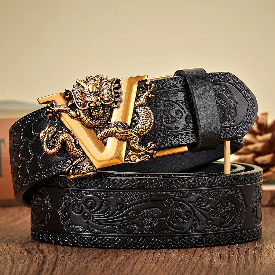 3.5CM V-shaped buckle genuine cowhide belt high-quality alloy automatic buckle printing waste belt gift business mens belt 240925