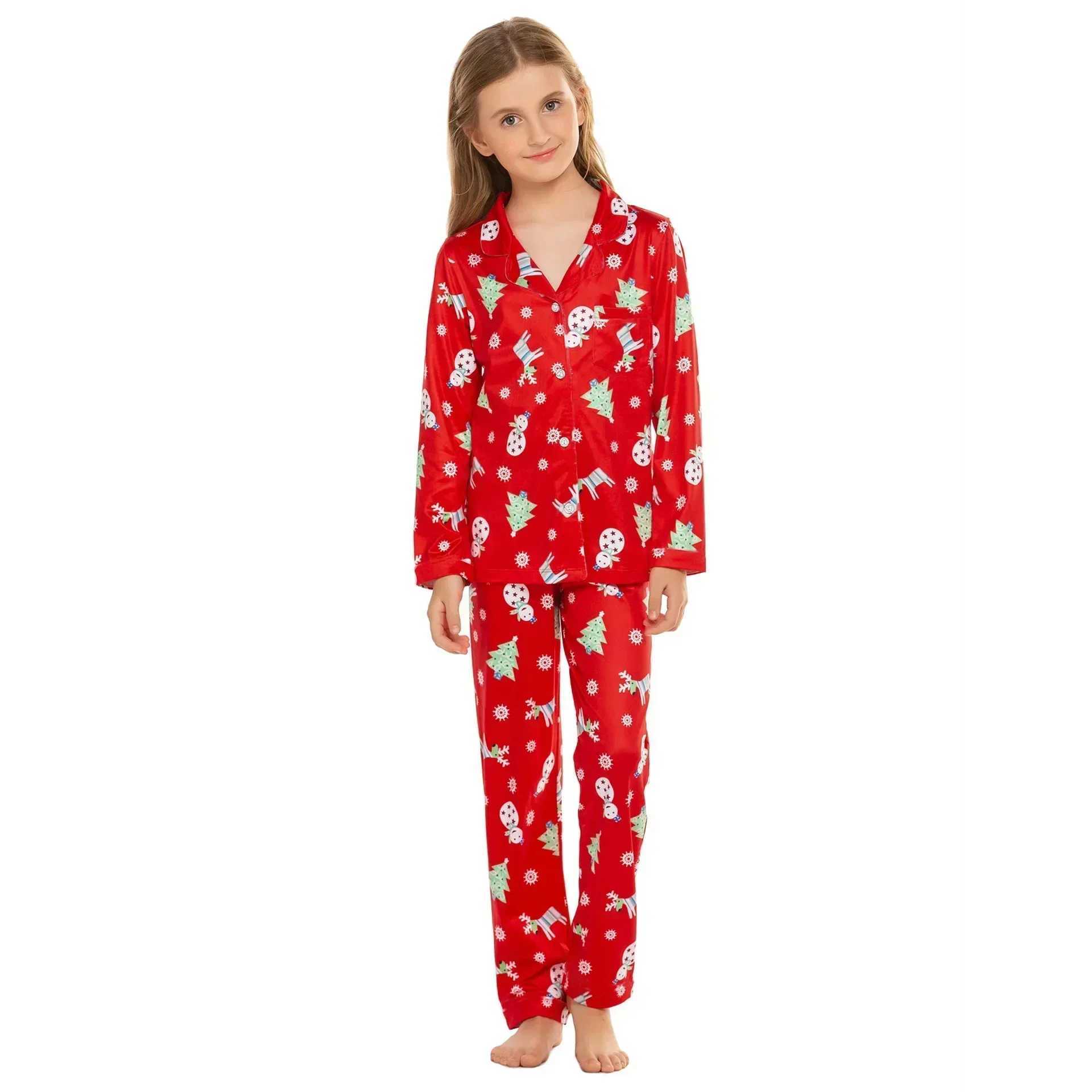 2024 New Family Christmas Matching Set Full Set Printed Adult and Childrens Pajama Set Button Up Shirt+Pants 2-piece Set Pajama W241008