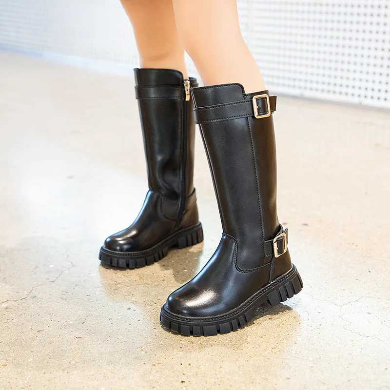 Boots Winter Childrens Boots Black School Girls Long High Boots Fashion Causal Warm Kids Cotton Boots Thick Bottom Mid-Calf Versatile L240910