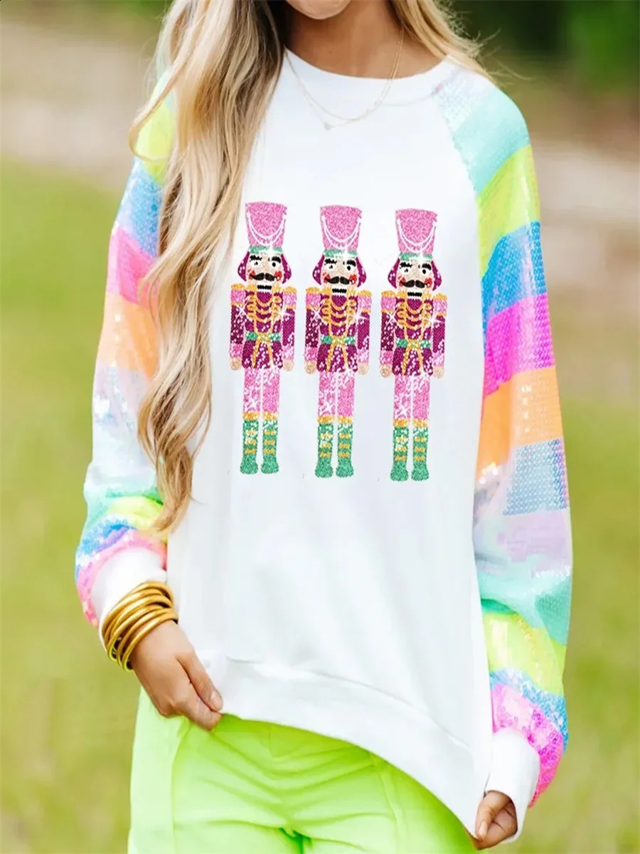 Women Christmas Sweatshirts Fashion Sequin Long Sleeve Round Neck Pullovers Casual Oversized Tops 2024 Holiday Soldier Hoodie 241008