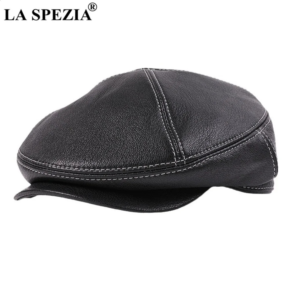 LA SPEZIA Winter Leather Hat Mens Retro Flat Hat Warm Leather Sheepskin Beret Mens High Quality 241007