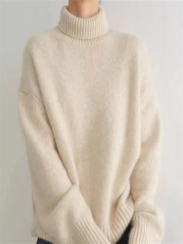Womens knitted sweater loose turtle neck long sleeved warm solid floral knit basic elegant autumn womens streetwear 241007