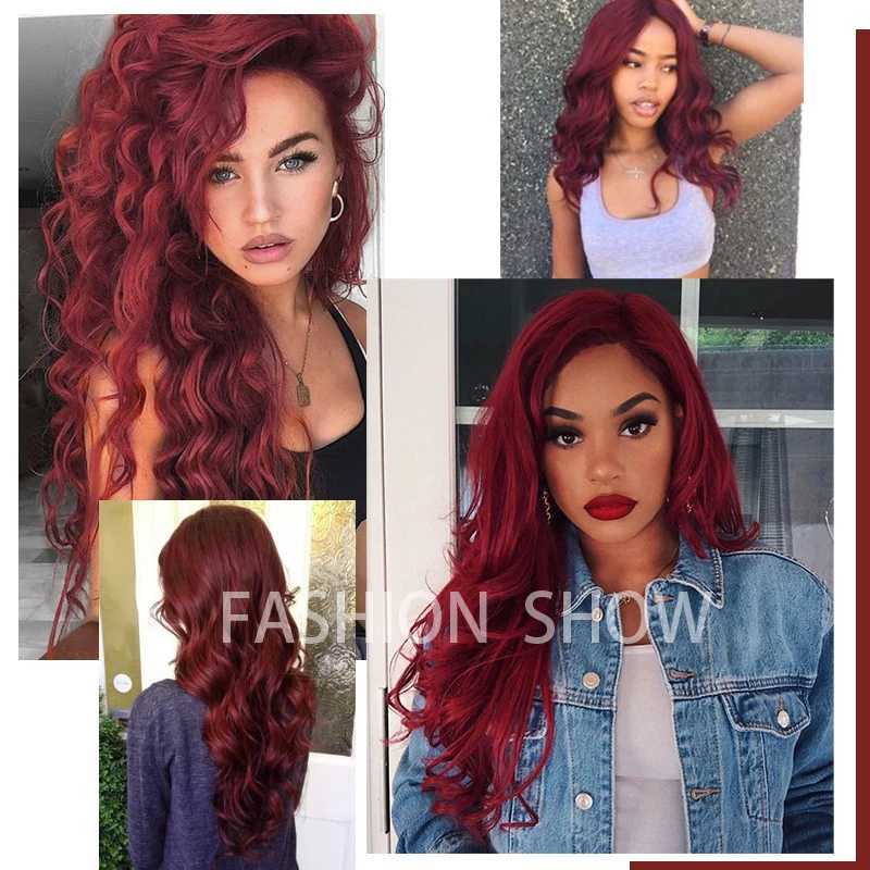 Long Wavy Wine Red Synthetic Wig Womens Heat-Resistant Natural Half Part Cosplay Party Lolita WigXJ241008