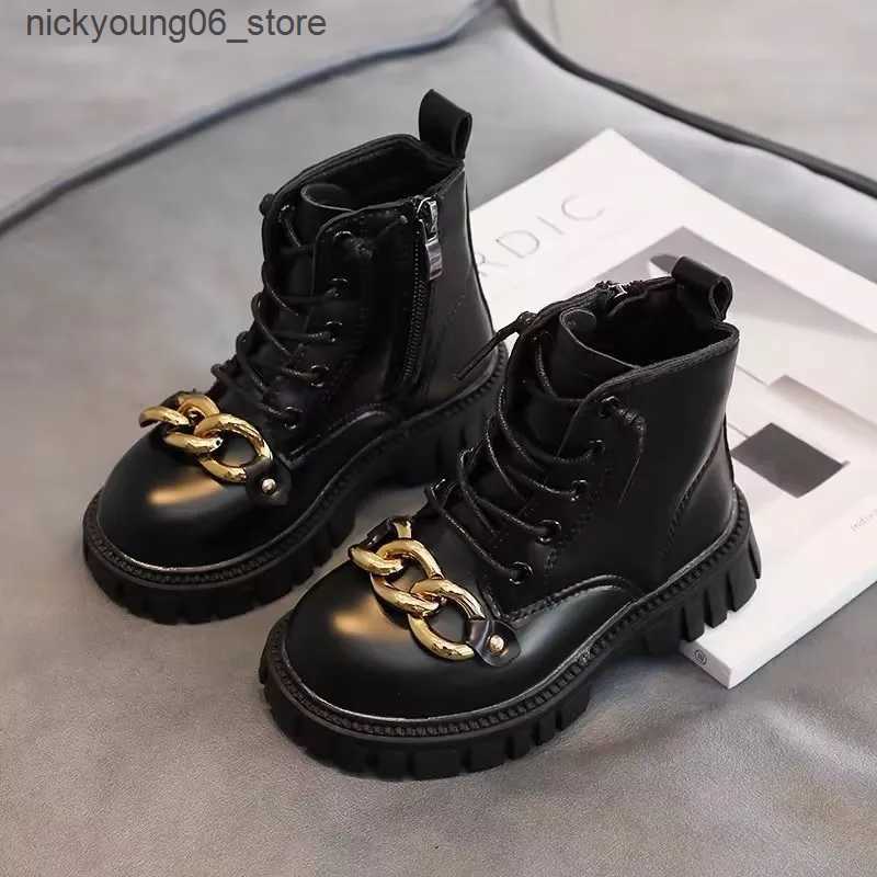 Boots Fashion Children Leather Boots Autumn Winter Metal Chain Girls Boots Warm Cotton Kids Ankle Boot Versatile Anti-slip Girls Shoes L240910