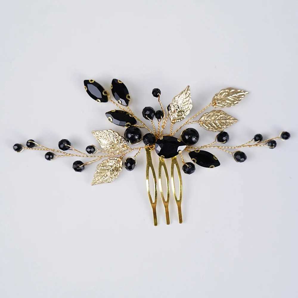 Handmade Black Crystal Bridal Leaf Hair Comb Gold Diamond Bridal Hair Slices Female Wedding Hair Accessories W241007