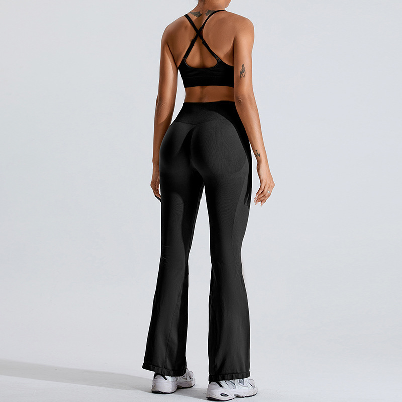 Seamless yoga suit for women, outdoor casual exercise set, women's peach hip lifting micro flared quick drying running and fitness pants