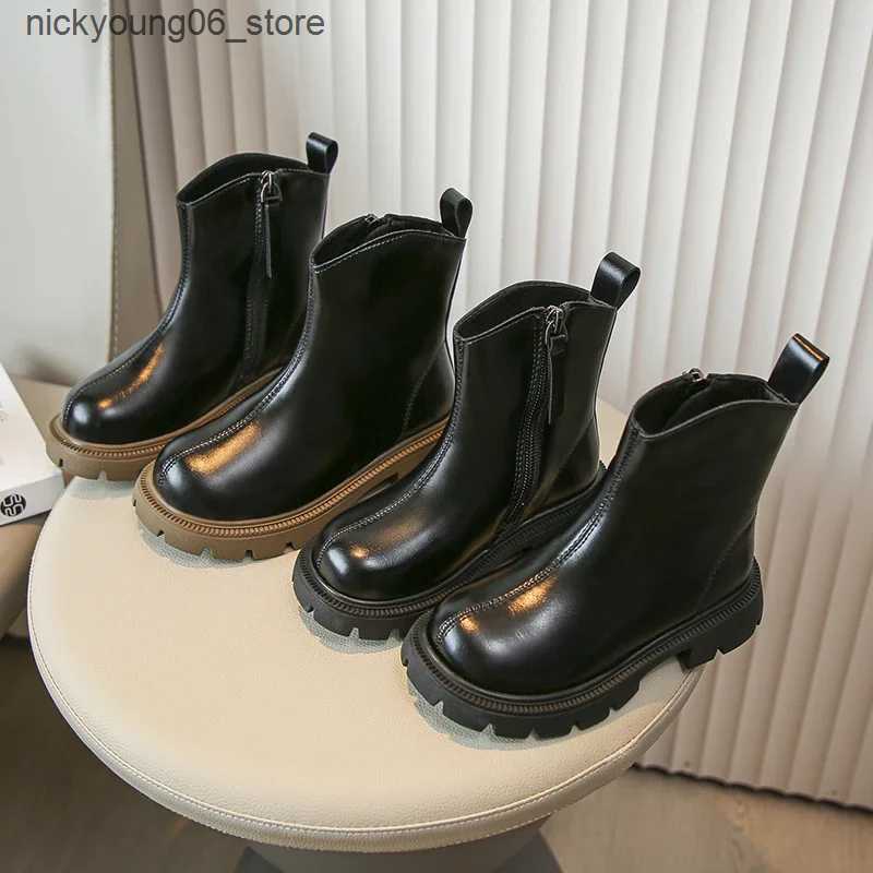 Boots Girls Ankle Boots Side Zipper Children Fashion Leather Boots Non-slip Kids Black Short Boots Anti-Slippery 2024 Winter New L240910