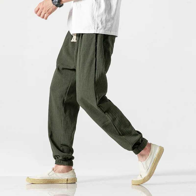 Japanese Loose Mens Cotton Linen Pants Male Summer New Breathable Solid Color Linen Trousers Fitness Streetwear Plus Size S-4XLX241008