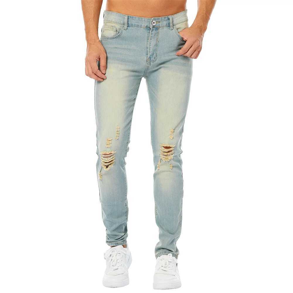 Simple retro style solid hole mens tight jeans Trouser mens fashionable tear elastic casual jeansW240715