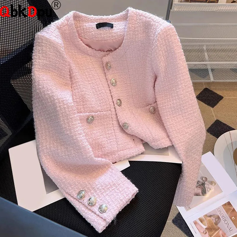 Pink Elegant O-neck Tweed Cropped Jackets Women Casual Chic Single Breasted Short Coats Tops Korean Long Sleeve Vintage Abrigos 241008