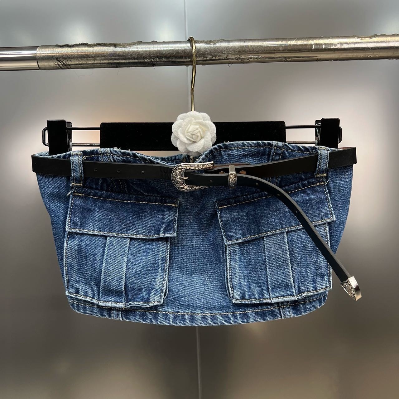 Womens Two Piece Pants PREPOMP Sleeveless Strapless Camisole Crop Top Belt High Waist Blue Denim Cargo Long Jeans Set Women GH246 230320