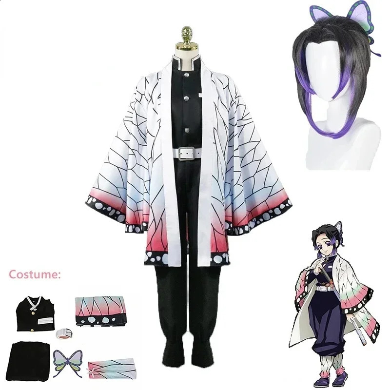 Anime Demon Slayer Kimetsu Geen Yaiba Kochou Shinobu Cosplay Kostuum Pruik Set Kimono Uniform Halloween Anime Kostuums Voor Kid 240929