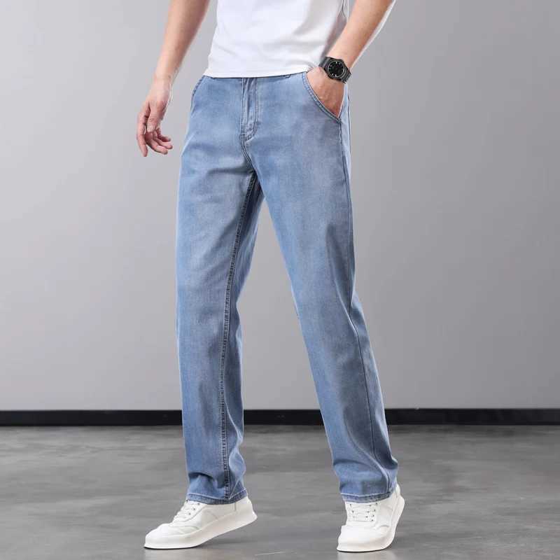 Summer thin mens jeans Lyocell fabric soft and breathable straight denim pants brand mens elastic ice silk casual Trouser gray blueW240715