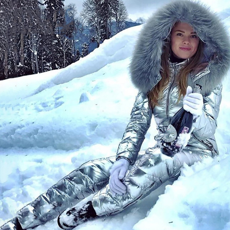 New Shiny Sier Gold One-Piece Ski Women Winter Windproof Skiing Jumpsuit Snowboarding Suit Female Snow Costumes
