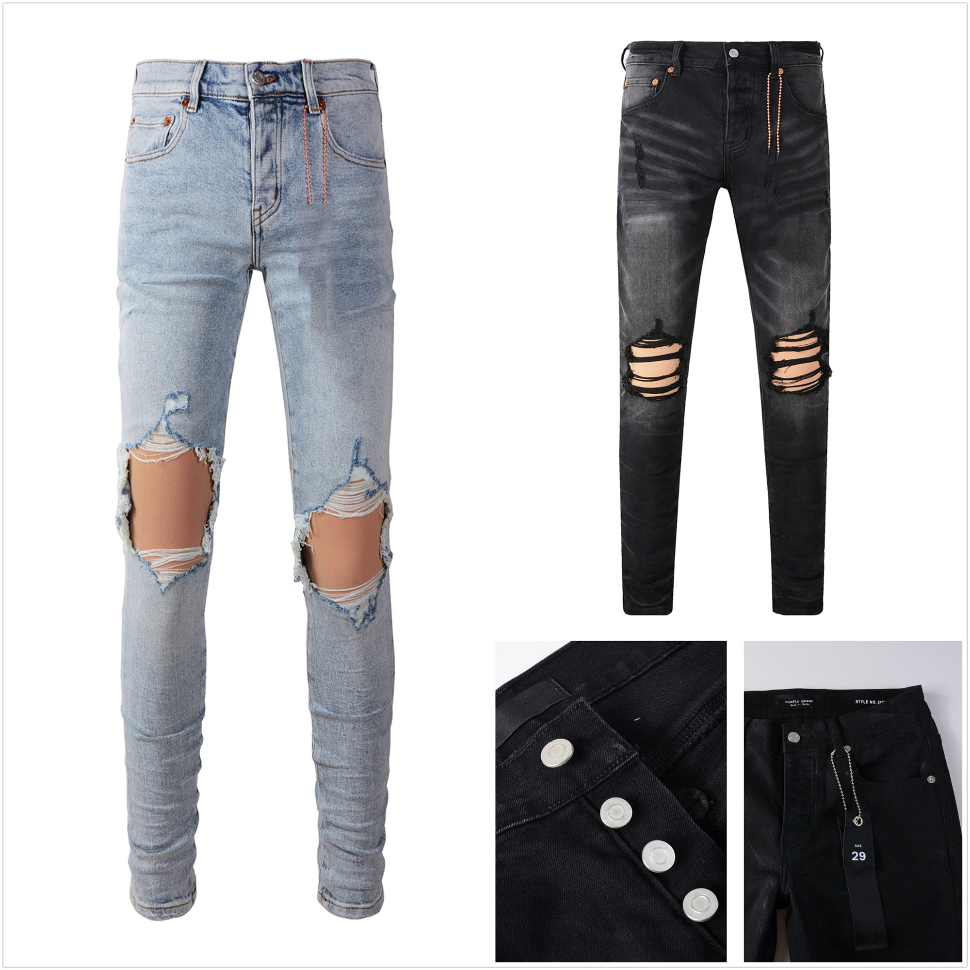 mens jeans for mens skinny jeans designer Elastic fabric long skinny button fiy hole pattern ripped embroidery us size 28-40 U3