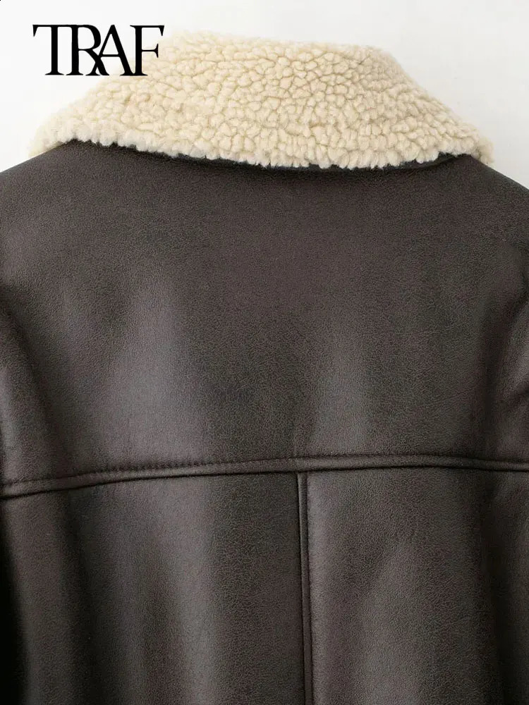 TRAF womens synthetic leather suede jacket with belt long sleeved jacket thick warm womens clothing fashionable top winter fashion 241007