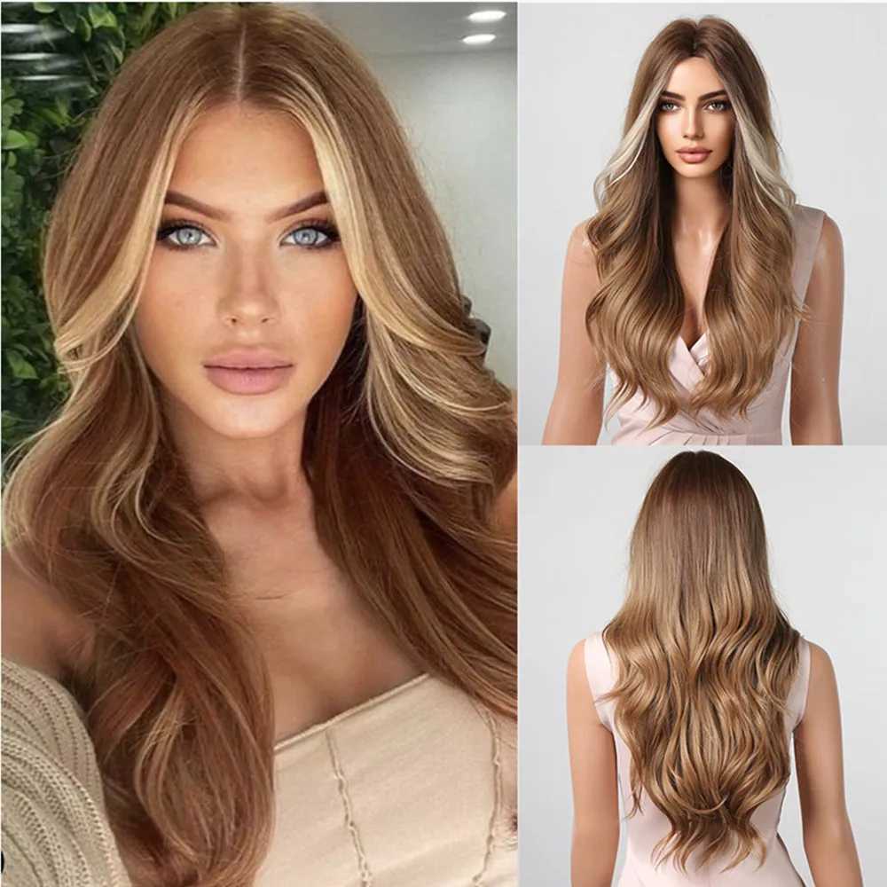 ALAN EATON Long Brown Synthetic Wigs Ombre Hair with Highlight Brown Body Wavy Daily Wig Soft Fluffy High Temperature Party UseXJ241008