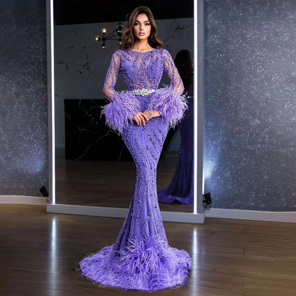 Serene Hill Elegant Mermaid Evening Dress Arabic Purple Beaded Feathers | Gown for Women's Wedding Party 2024 LA72367