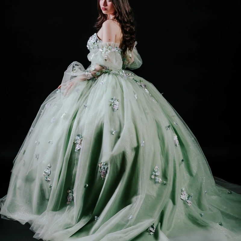 Light Green Quinceanera Dresses Sweet 16 Year Ball Gown Off the Shoulder Applique Lace Tull Birthday Party Dress Vestidos De 15 Anos